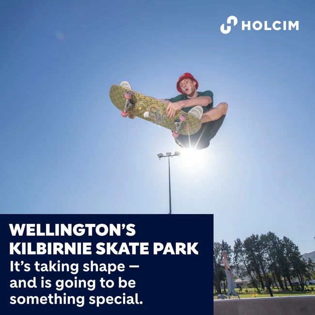 Skateboarder performs an aerial trick at a skate park designed and built by Convic in New Zealand, with the Holcim logo visible in the top right corner.