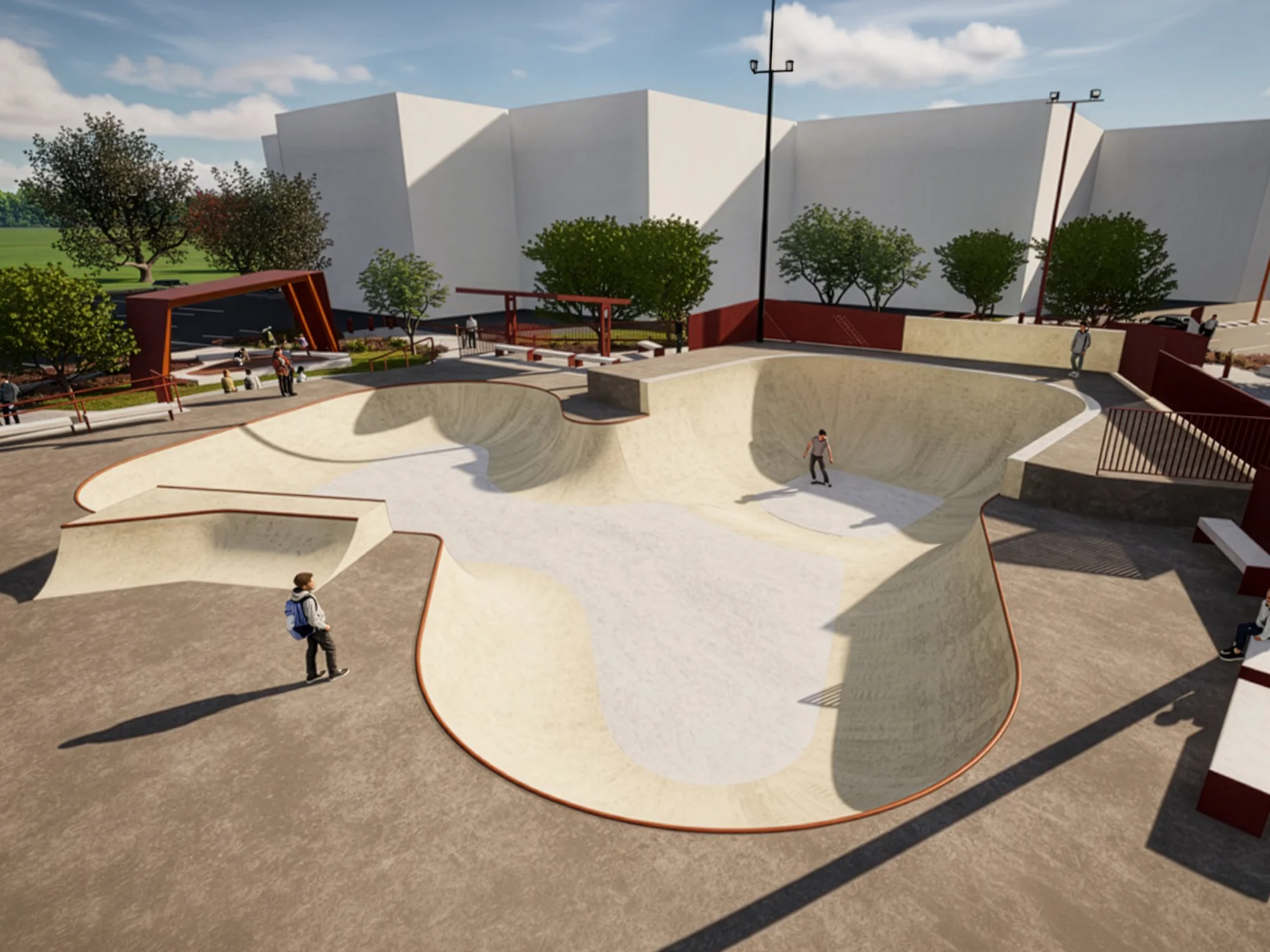 A 3D architectural rendering of the proposed Kilbirnie Skate Park in Wellington, New Zealand, showing a large concrete bowl with interconnected ramps, seating areas, trees and community spaces. A skater is visible on the ramp surface. Rendering credit: Convic.
