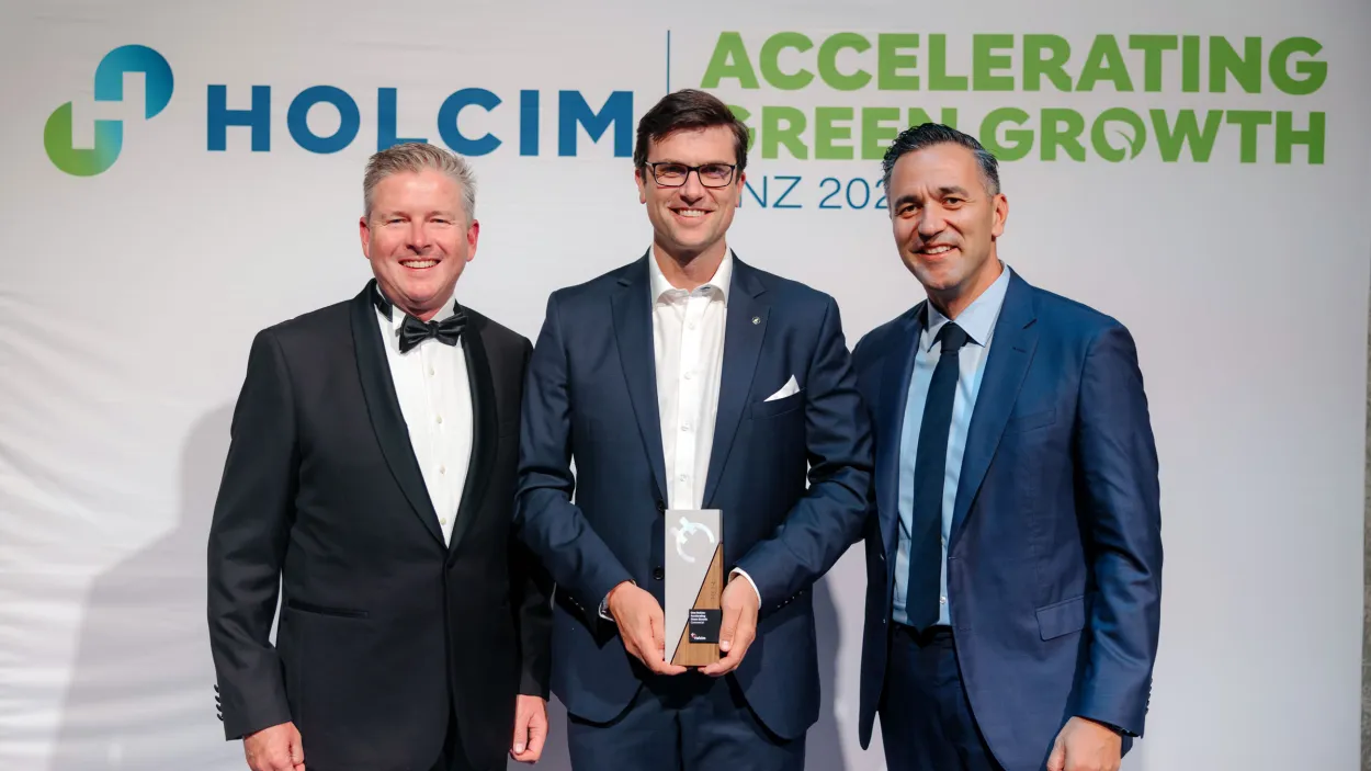 Quarantine Aggregates Chevron Gorgon Project - Holcim's team demonstrated agility in leveraging its experience in supplying materials to Barrow Island and relationship with Ertech to establish a solution to satisfy all parties. This  included establishing a quarantine facility and container loading capability at its Turner River Quarry. - Pictured L-R: Phil Wallace CFO, Sam Russell GM WA Aggregates and George Agriogiannis, CEO.