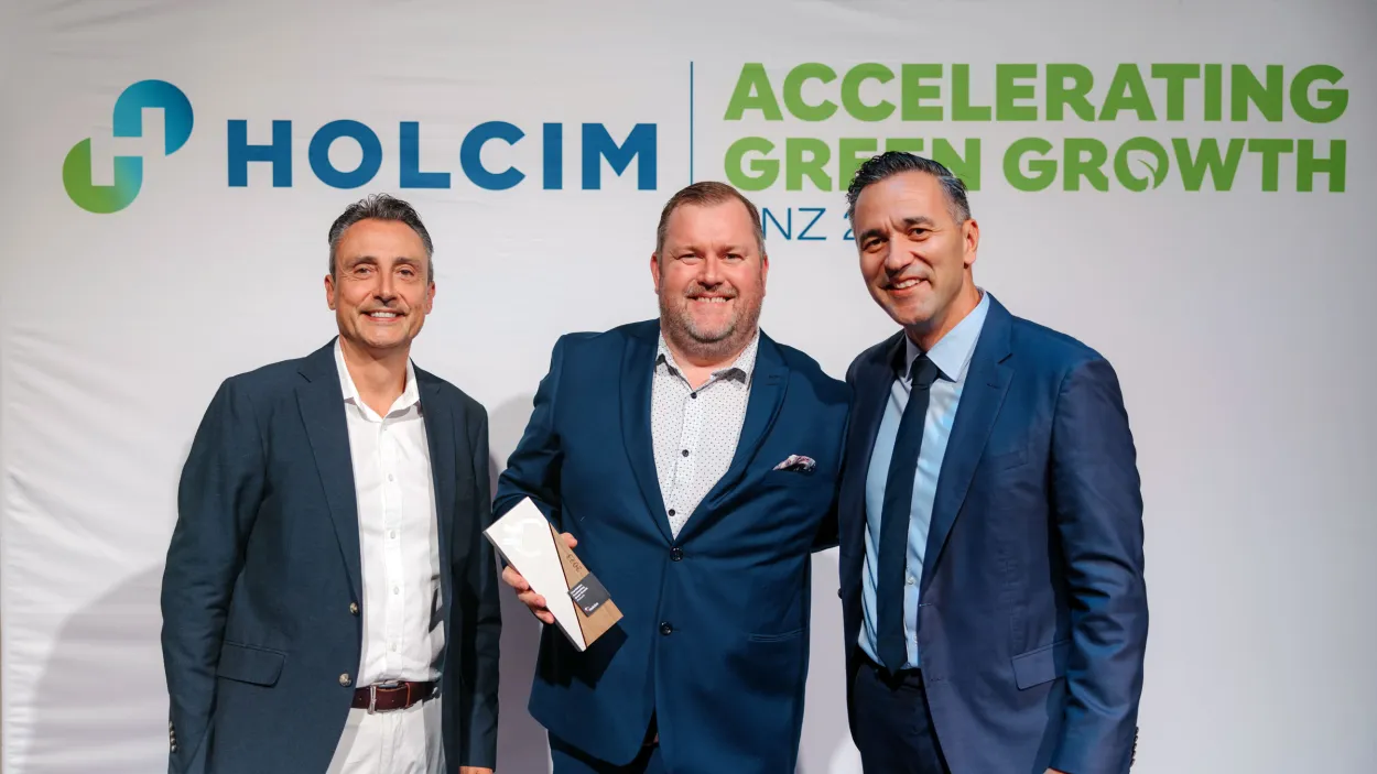 Dave Darlow - Dave has worked to ensure that Holcim will have an efficient means to independently certify different blends through an Environmental Product Declaration.  This work will enable us to bring EcoPlanet cement to market in 2023, with an embodied carbon below 500 kg per tonne - the best in the market in New Zealand. - Pictured L-R: Guido Dewilde EGM Humes, Dave Darlow Lab Manager and George Agriogiannis CEO.